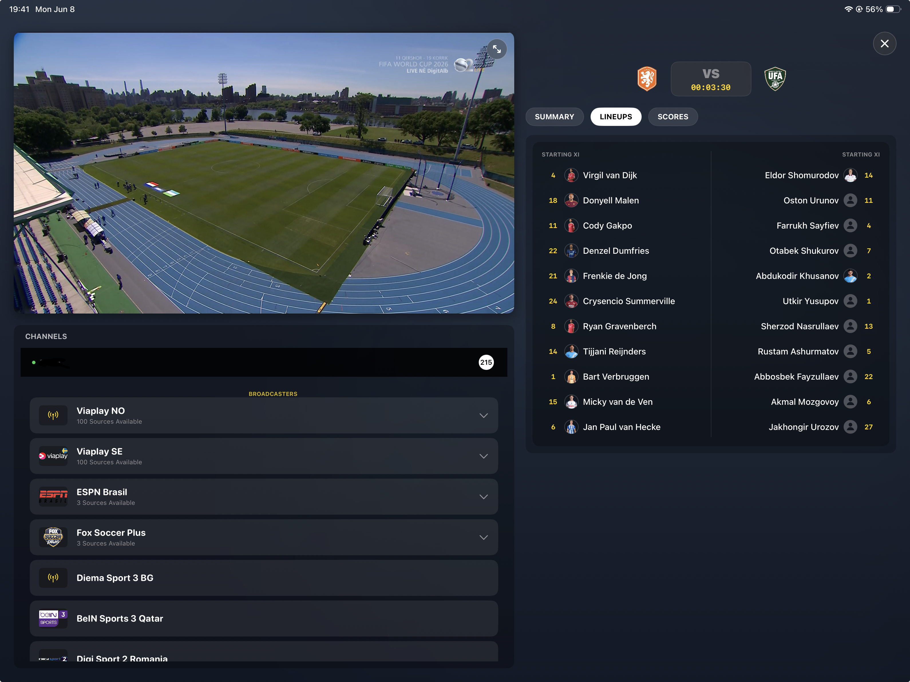 TivEPG IPTV player for iOS automatically finds official sports broadcasters and shows live match stats